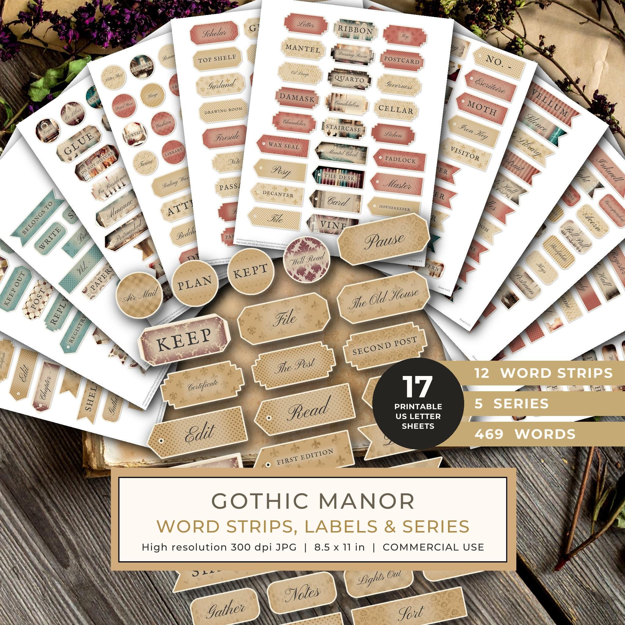 Word Strips and Labels: 17 Printable Journaling Sheets - Gothic Manor - Commercial Use