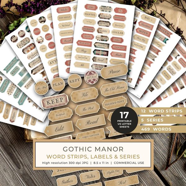Word Strips and Labels: 17 Printable Journaling Sheets - Gothic Manor - Commercial Use