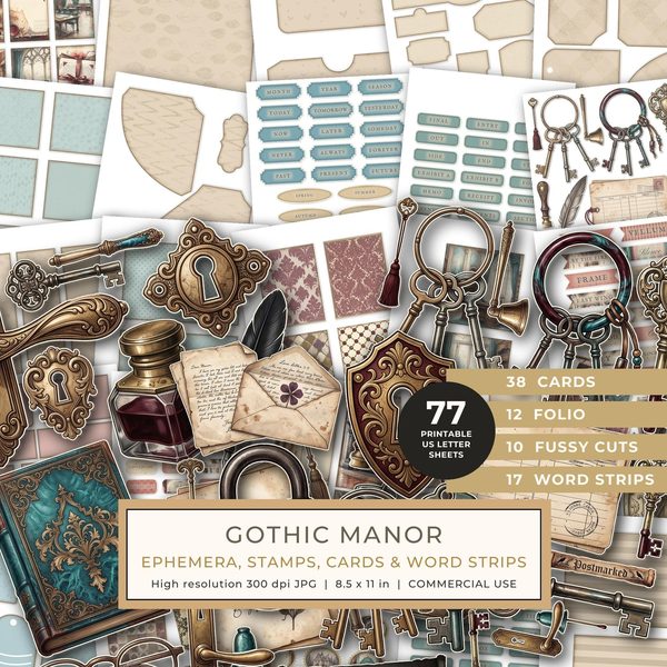 Ephemera Kit: 77 Printable Cards, Tags and Word Strips - Gothic Manor - Commercial Use