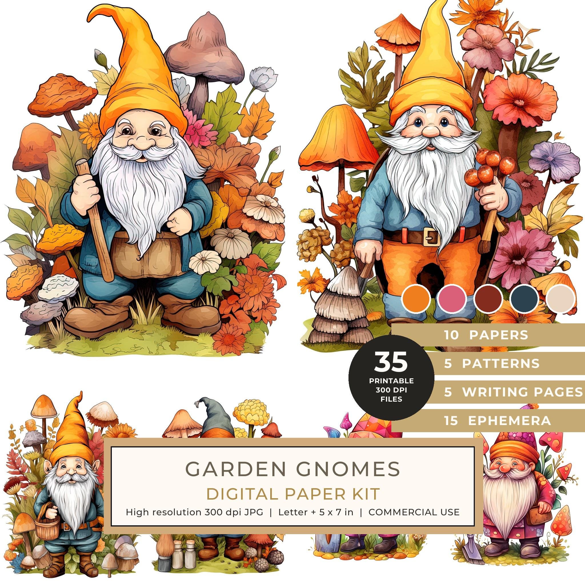 Garden Gnomes Watercolor Digital Paper Kit: Printable Papers, Cards, Tags, Ephemera