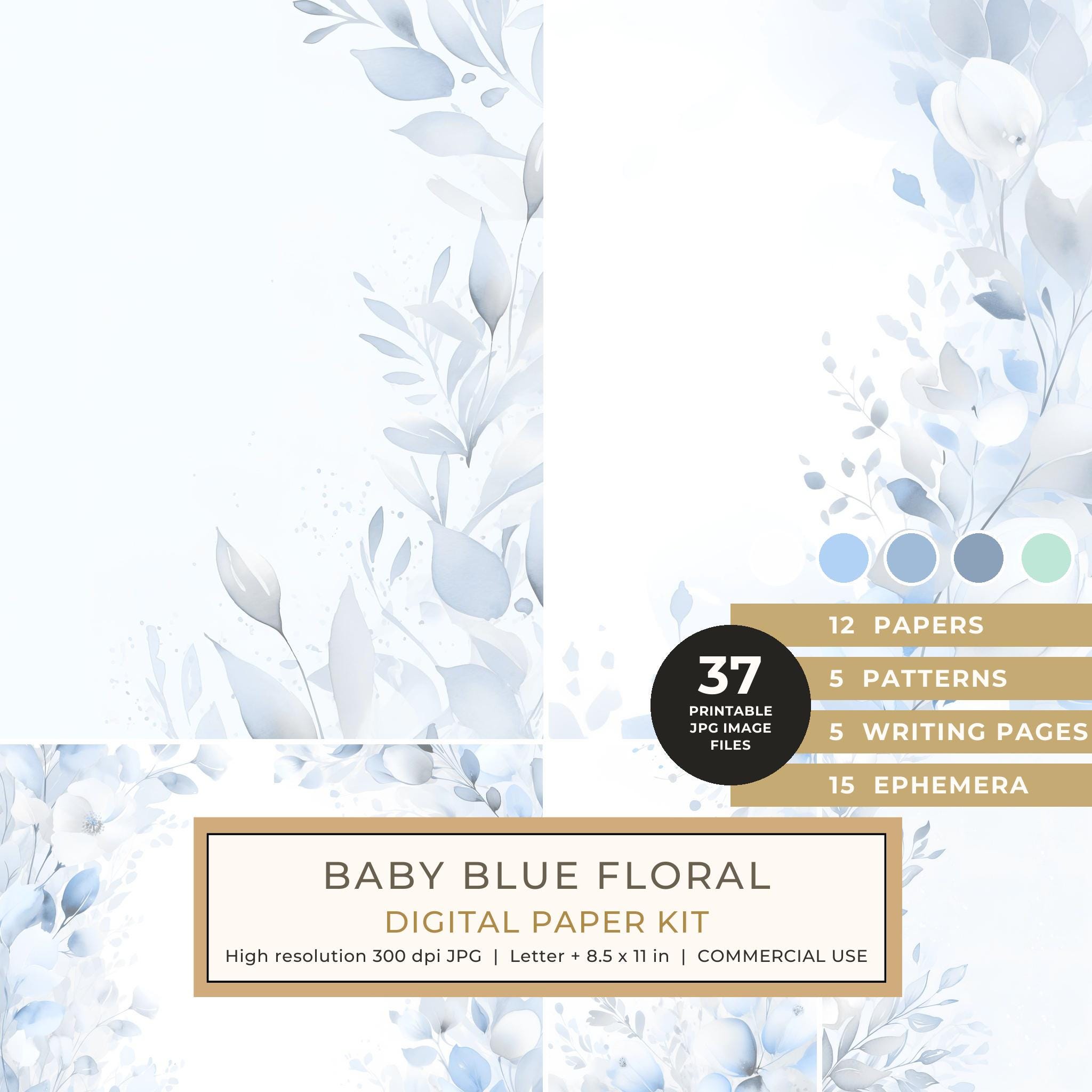 Baby Blue Floral Watercolor Digital Paper Kit: Printable Papers, Cards, Tags, Ephemera