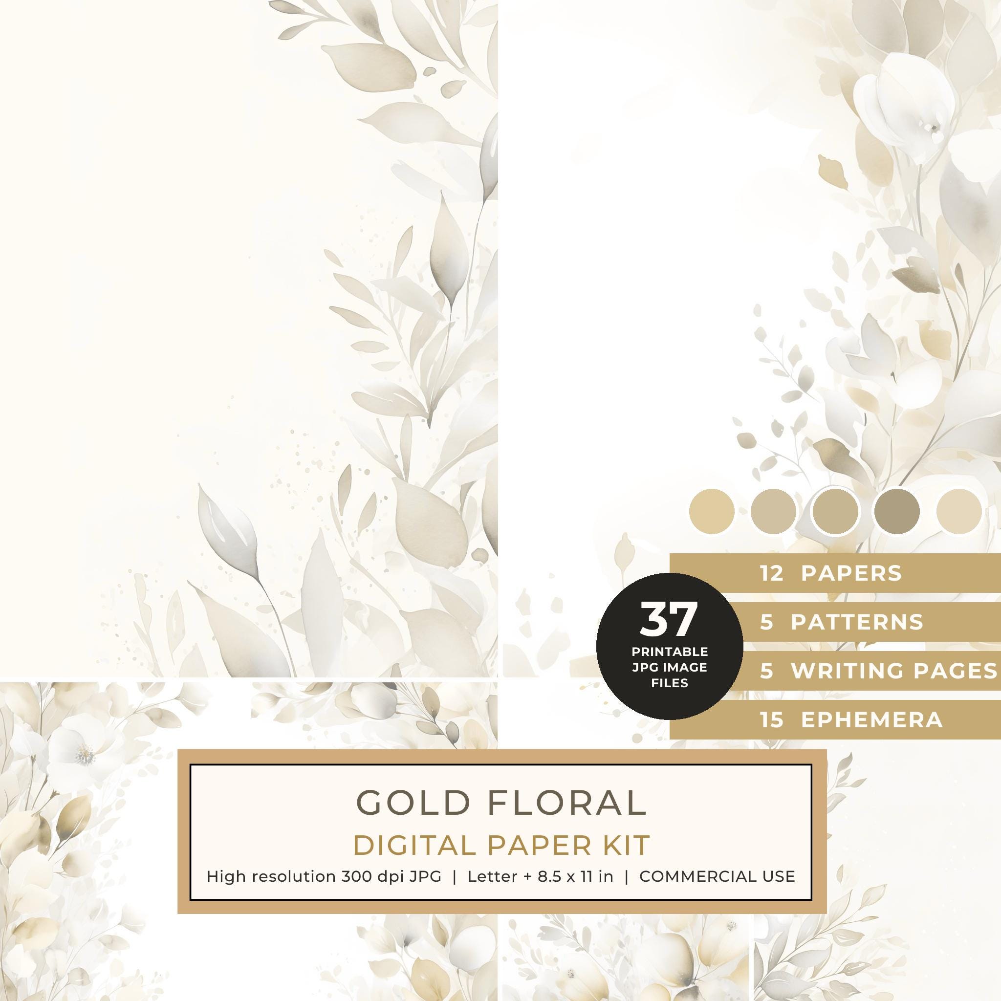 Gold Floral Watercolor Digital Paper Kit: Printable Papers, Cards, Tags, Ephemera - Commercial Use