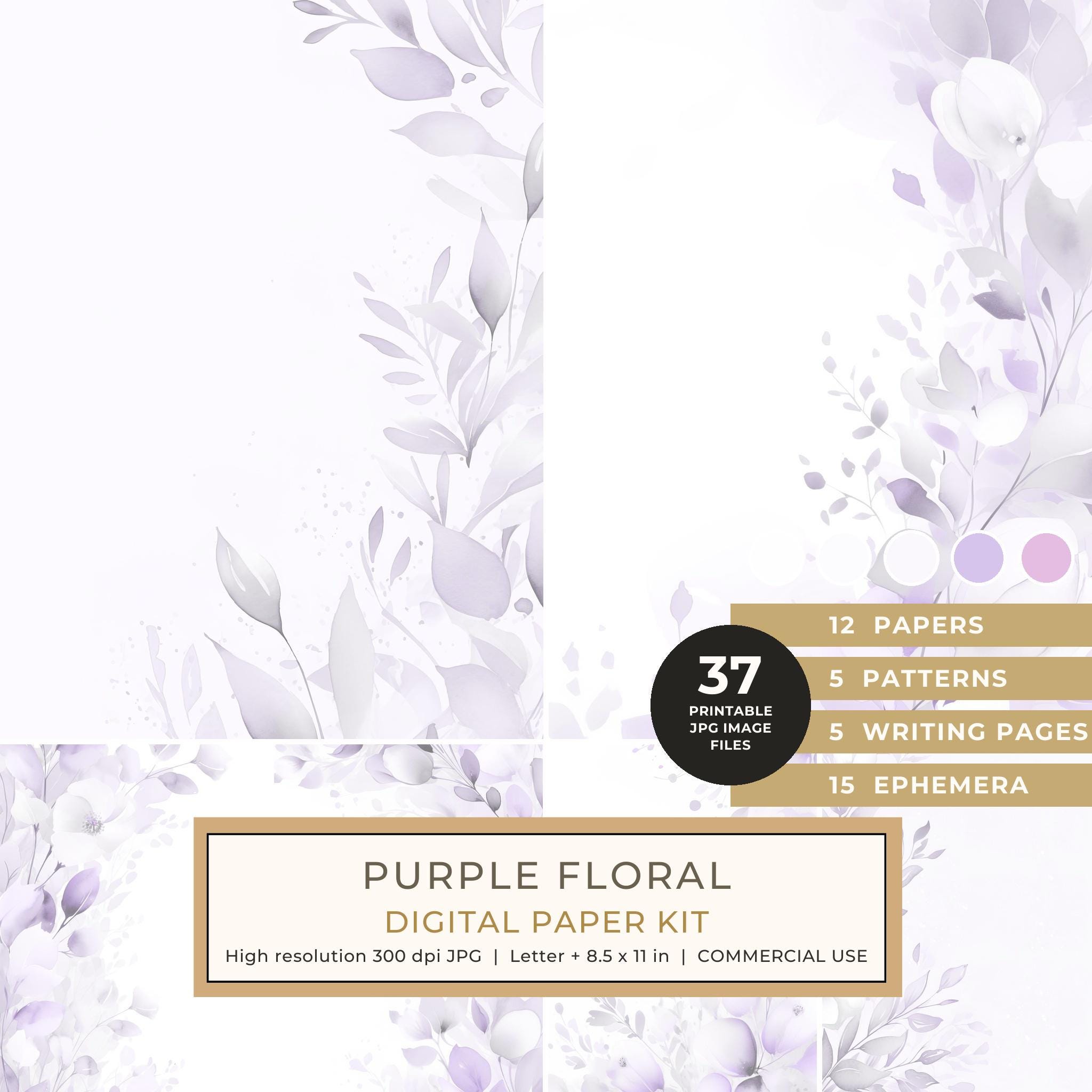 Purple Floral Watercolor Digital Paper Kit: Printable Papers, Cards, Tags, Ephemera