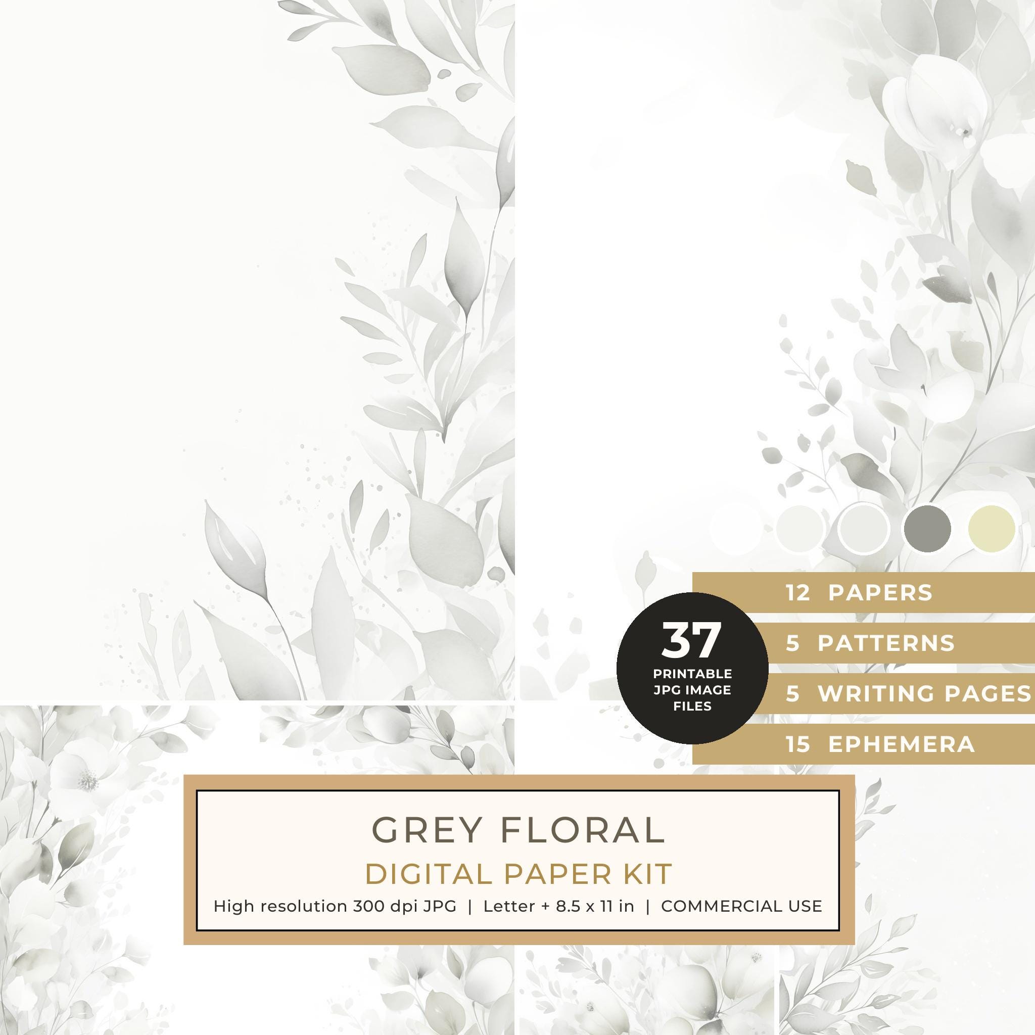 Grey Floral Watercolor Digital Paper Kit: Printable Papers, Cards, Tags, Ephemera - Commercial Use