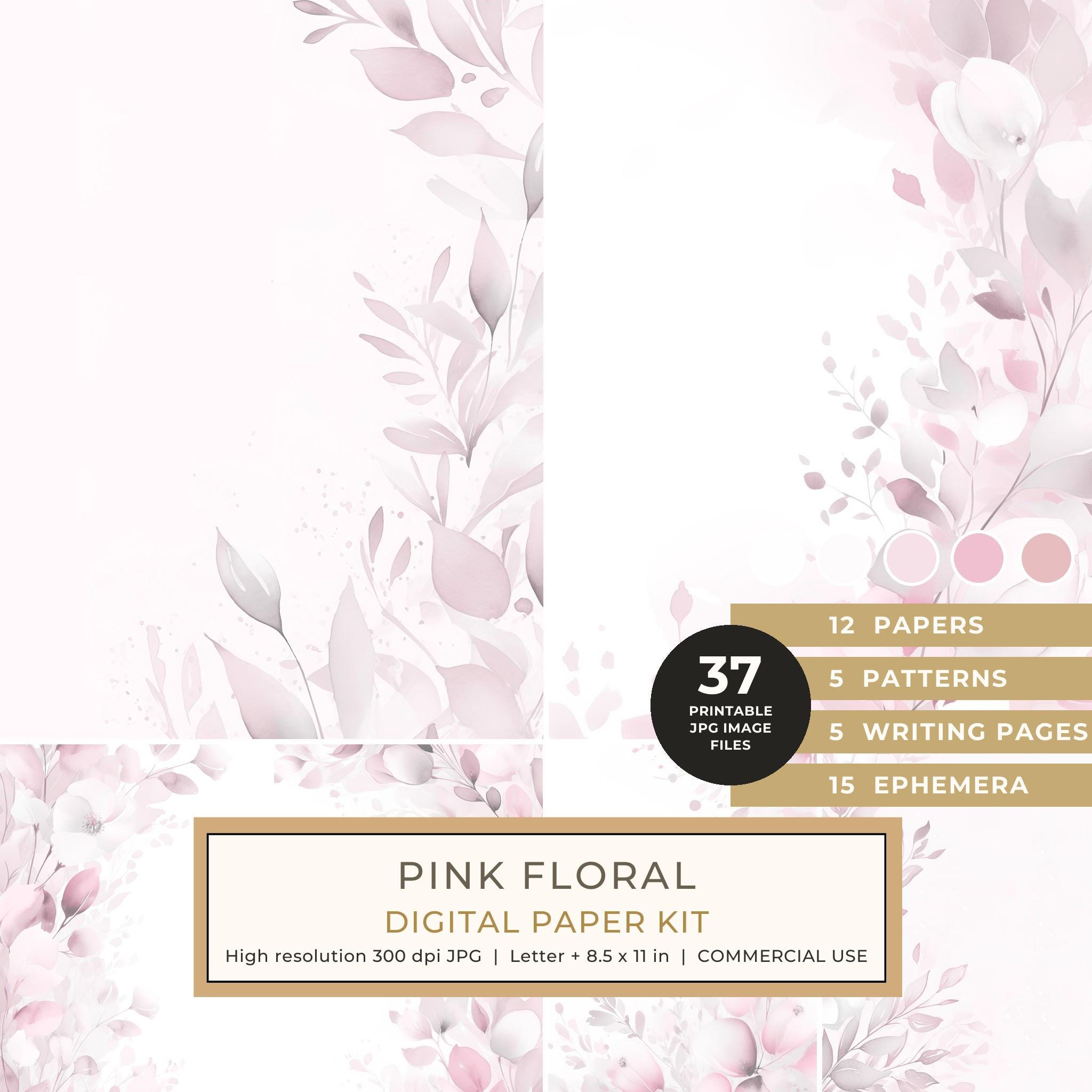 Pink Floral Watercolor Digital Paper Kit: Printable Papers, Cards, Tags, Ephemera - Commercial Use