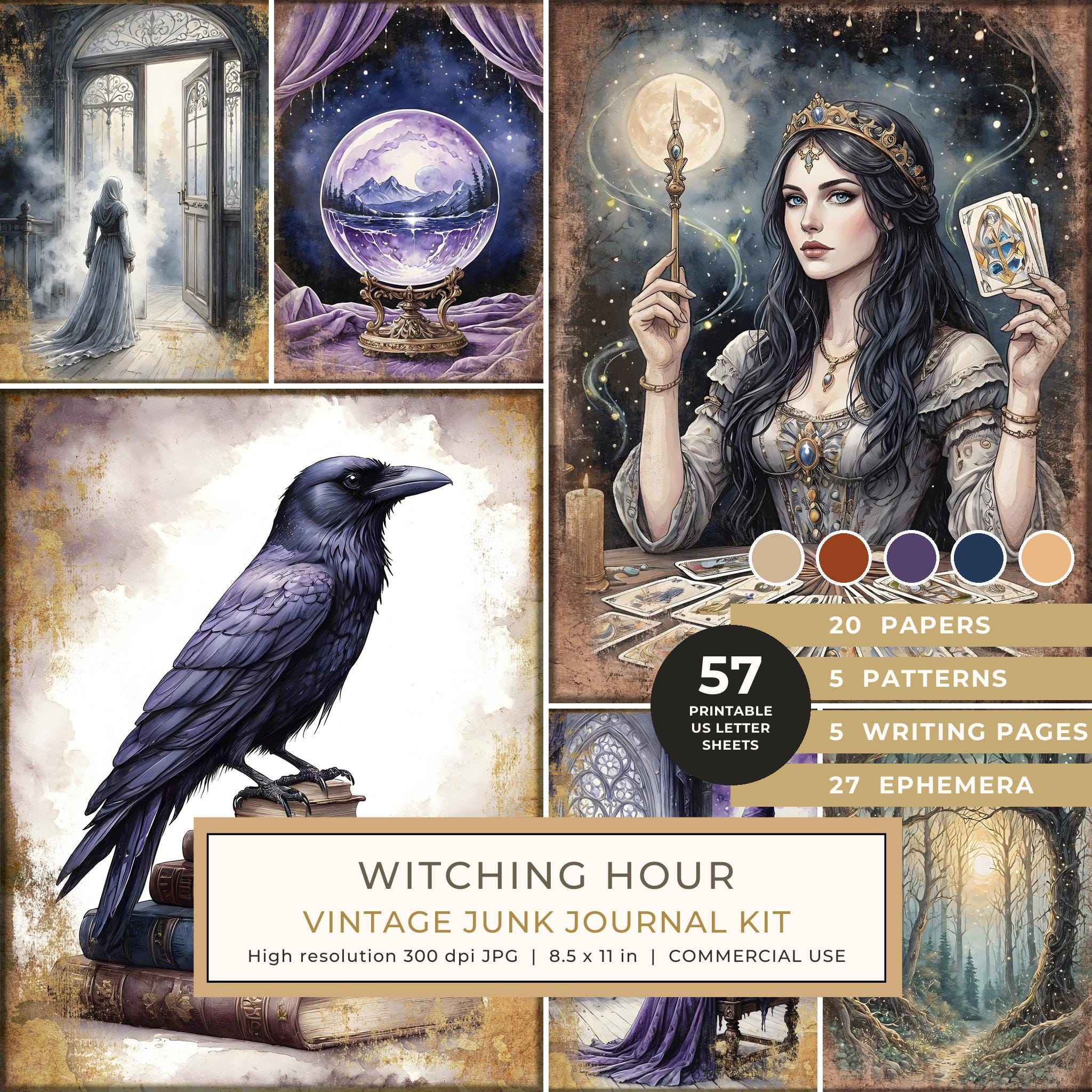 Junk Journal Kit: Printable Pages, Cards, Tags and Ephemera - Witching Hour - Commercial Use