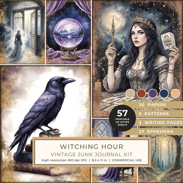Junk Journal Kit: Printable Pages, Cards, Tags and Ephemera - Witching Hour - Commercial Use