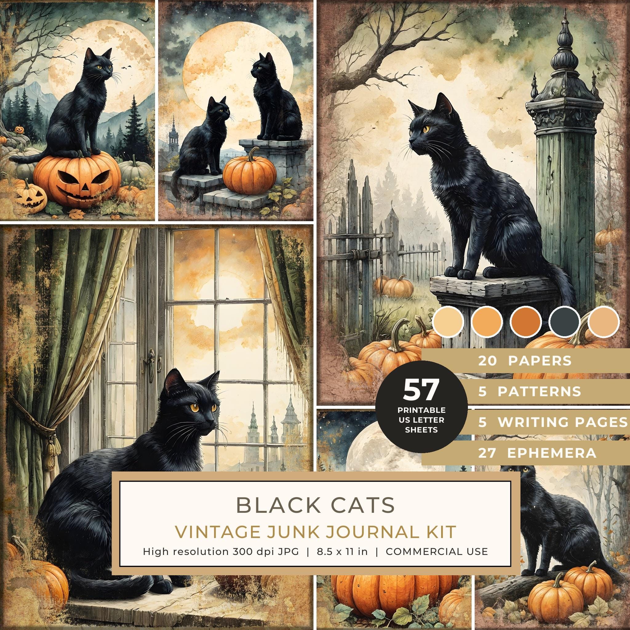 Junk Journal Kit: Printable Pages, Cards, Tags and Ephemera - Black Cats - Commercial Use