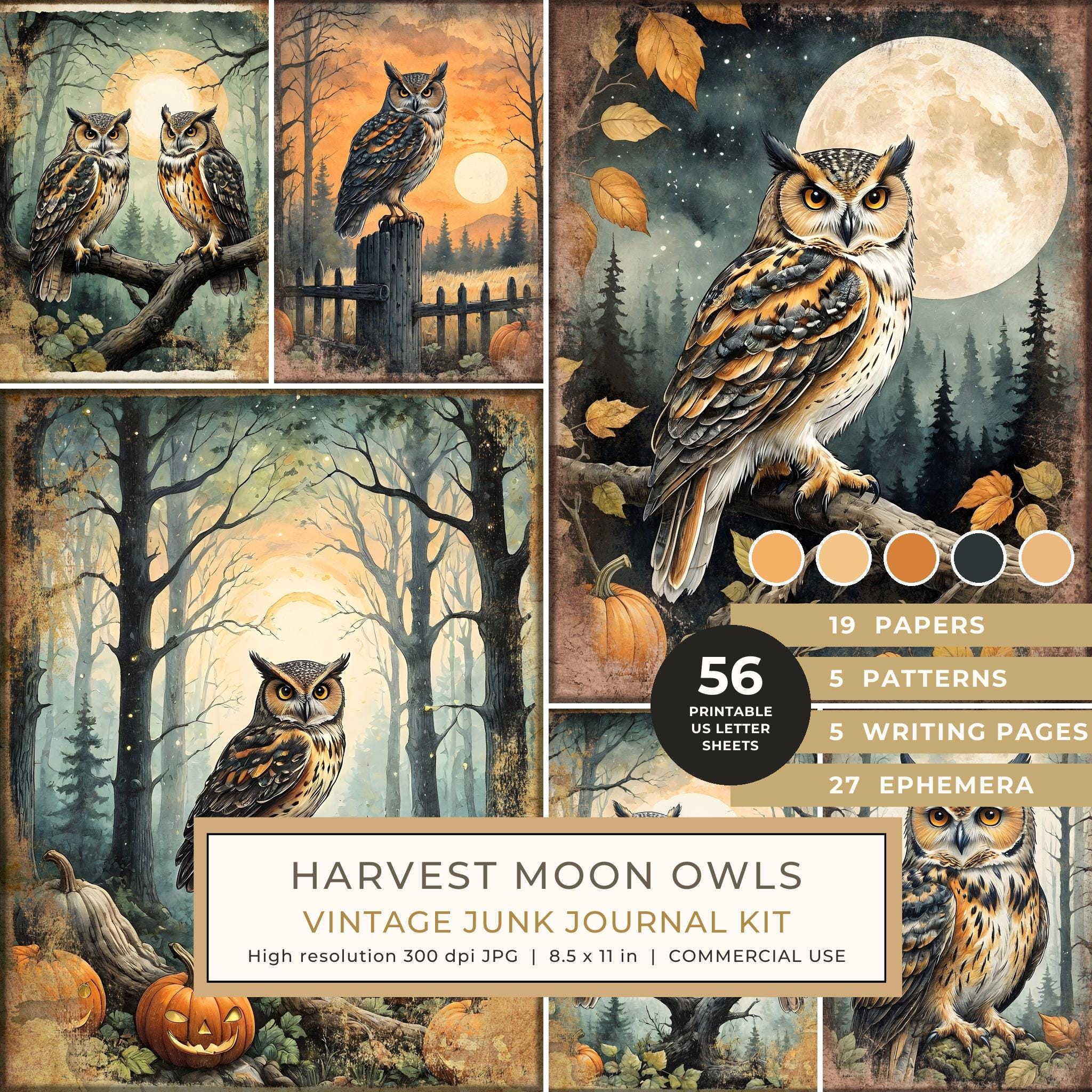 Junk Journal Kit: Printable Pages, Cards, Tags and Ephemera - Harvest Moon Owls - Commercial Use
