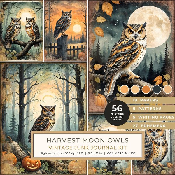 Junk Journal Kit: Printable Pages, Cards, Tags and Ephemera - Harvest Moon Owls - Commercial Use