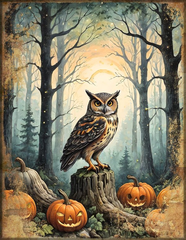 Junk Journal Kit: Printable Pages, Cards, Tags and Ephemera - Harvest Moon Owls - Commercial Use — image 1