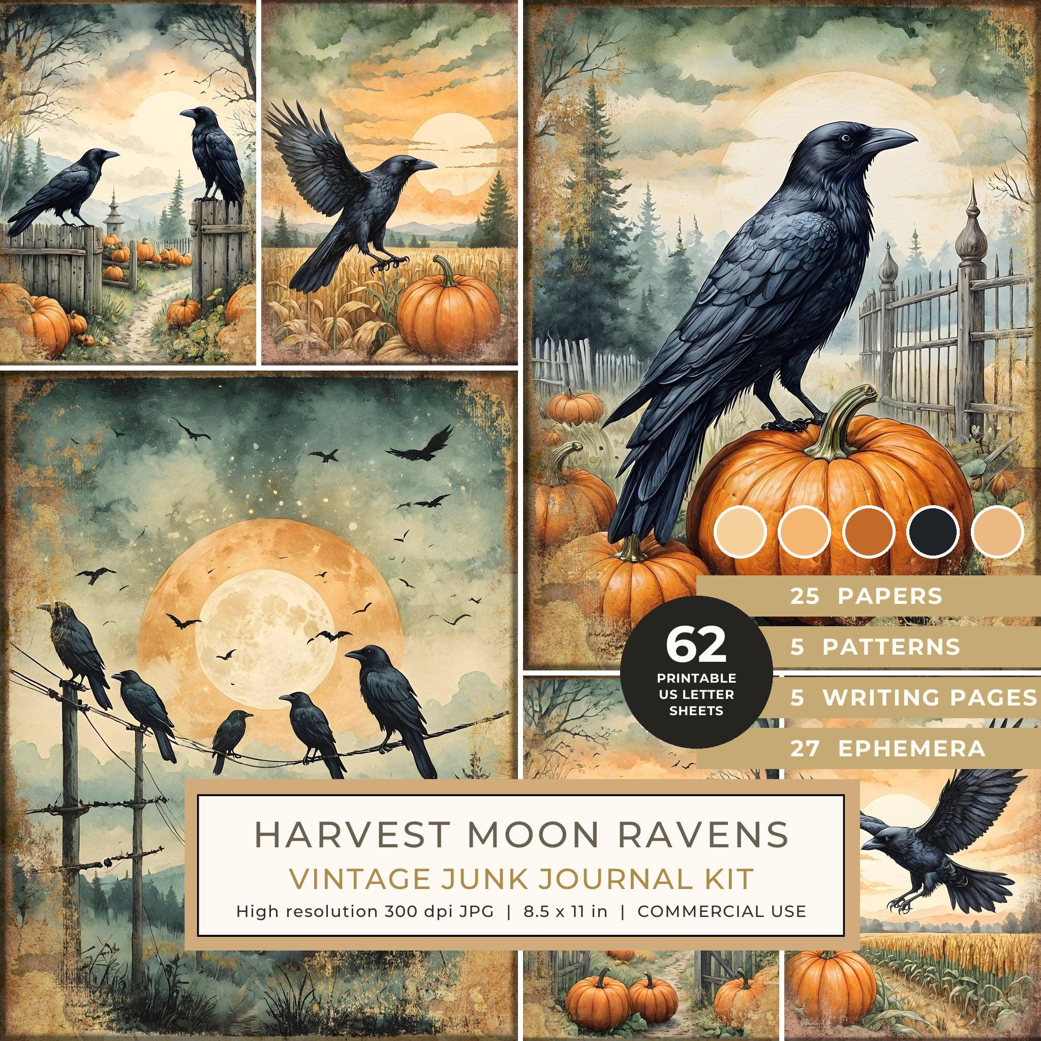 Junk Journal Kit: Printable Pages, Cards, Tags and Ephemera - Harvest Moon Ravens - Commercial Use