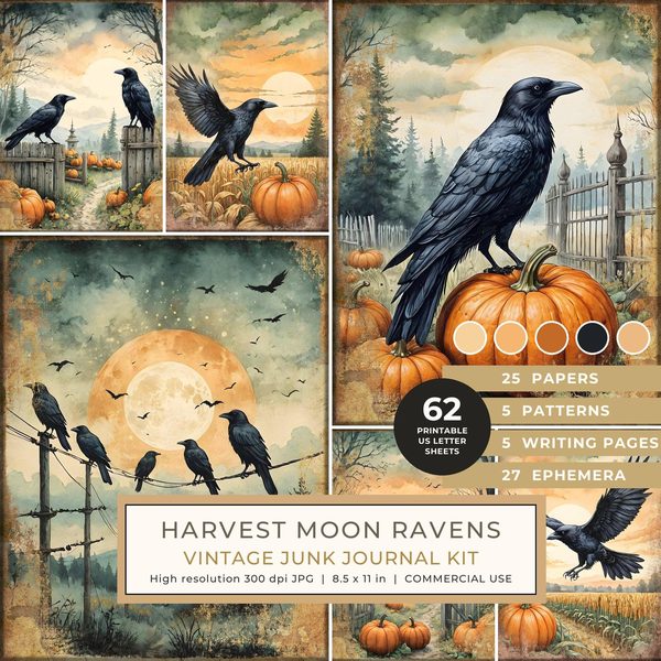 Junk Journal Kit: Printable Pages, Cards, Tags and Ephemera - Harvest Moon Ravens - Commercial Use
