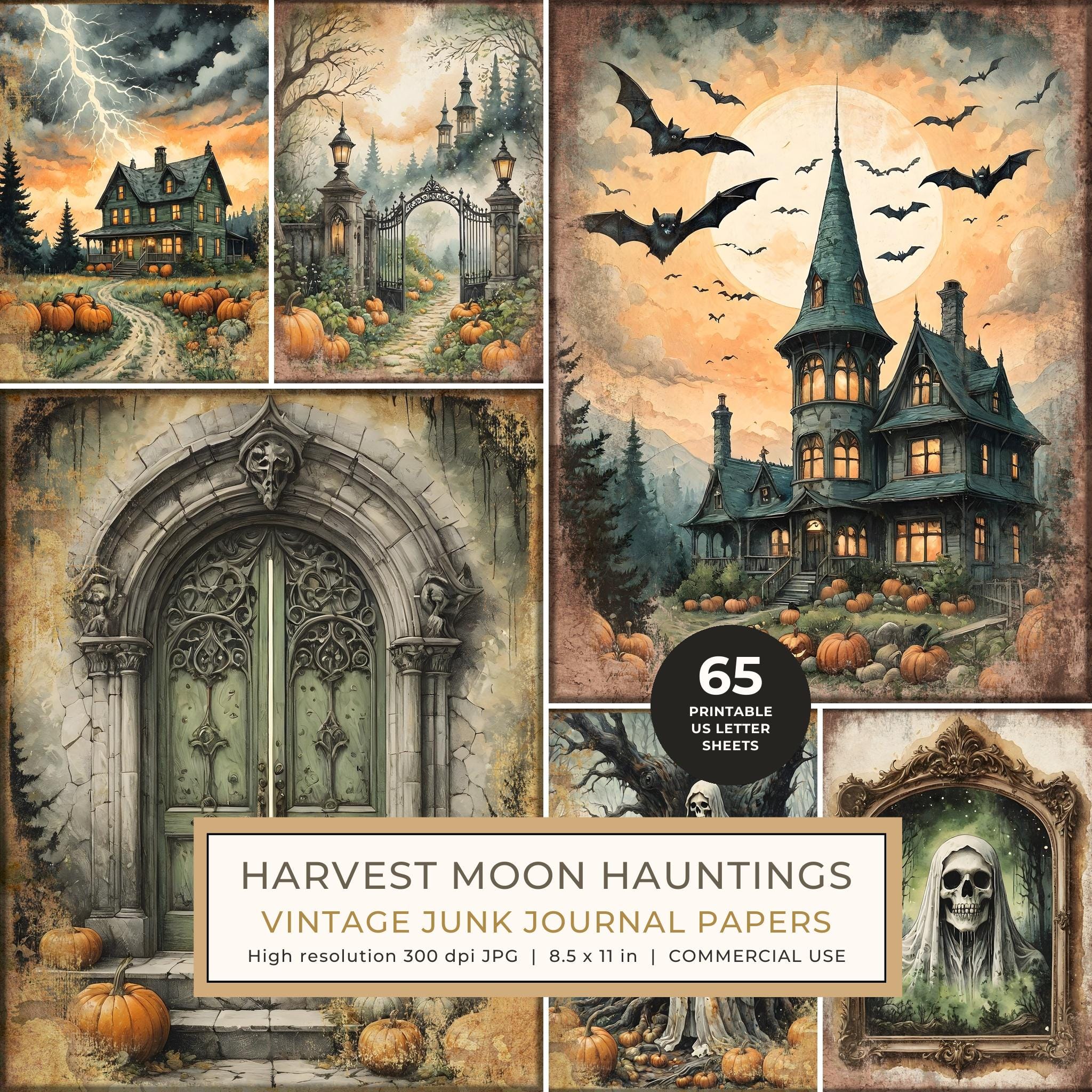 Junk Journal Papers: Printable Vintage Pages - Harvest Moon Hauntings - Commercial Use