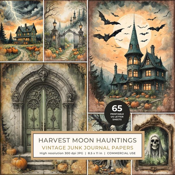Junk Journal Papers: Printable Vintage Pages - Harvest Moon Hauntings - Commercial Use