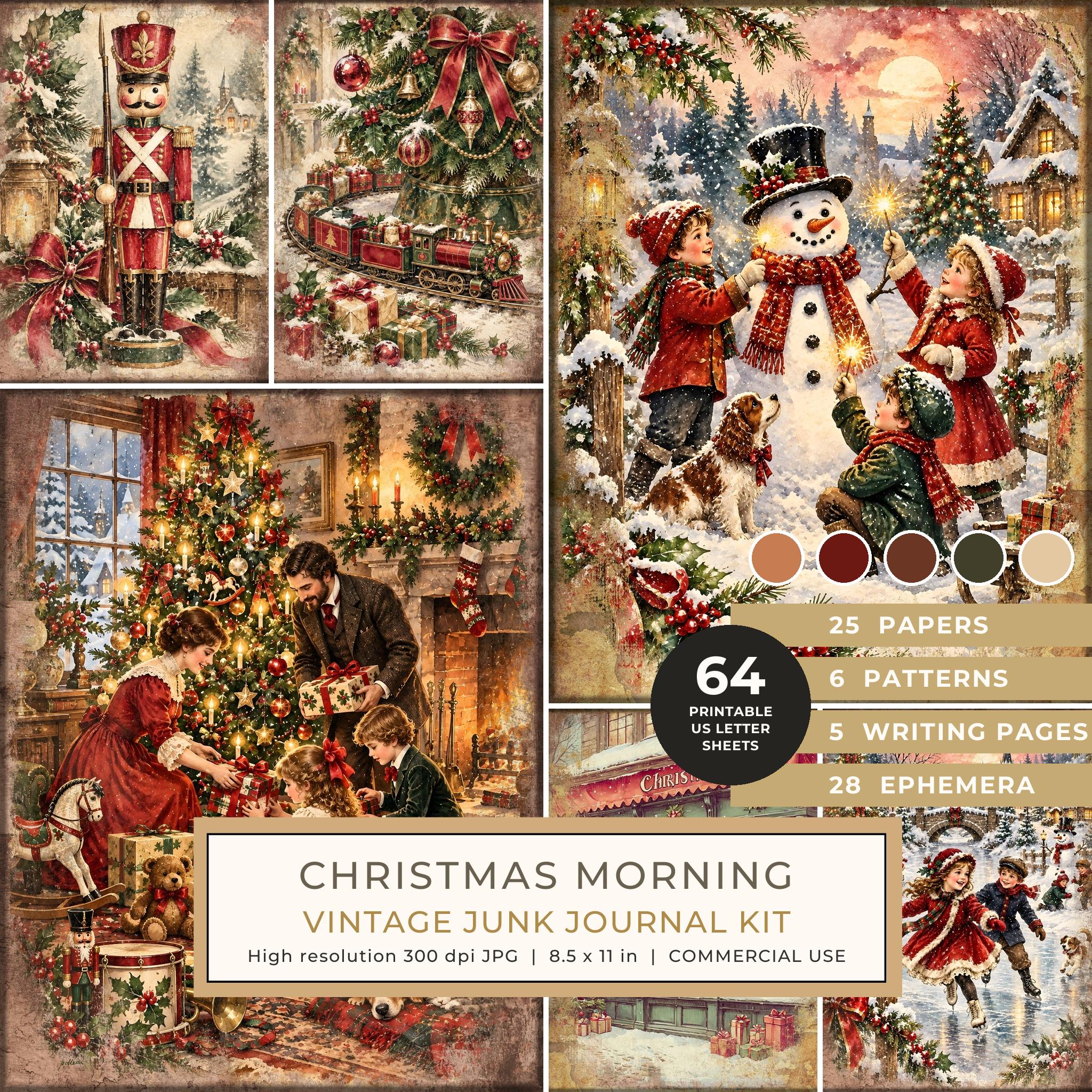 Vintage Christmas Morning Junk Journal Kit: Printable Papers, Cards, Tags (Digital Download)