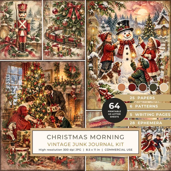 Vintage Christmas Morning Junk Journal Kit: Printable Papers, Cards, Tags (Digital Download)