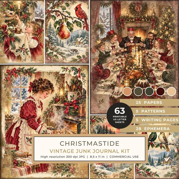 Twelvetide Junk Journal Kit: Printable Pages, Cards, Tags and Ephemera - Christmastide - Commercial Use