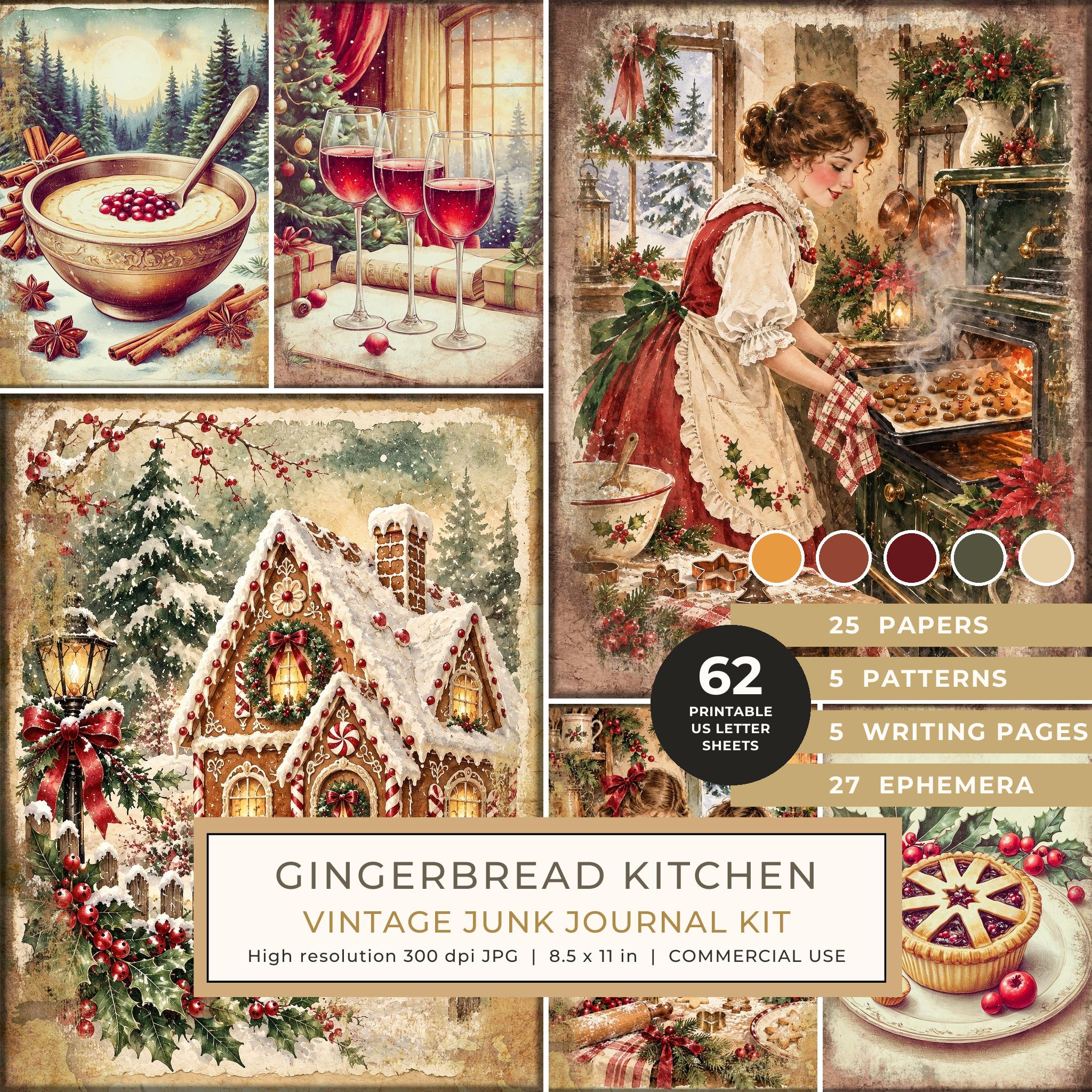 Baking Junk Journal Kit: Printable Pages, Cards, Tags and Ephemera - Gingerbread Kitchen - Commercial Use
