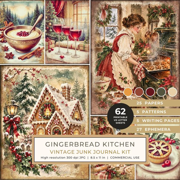 Baking Junk Journal Kit: Printable Pages, Cards, Tags and Ephemera - Gingerbread Kitchen - Commercial Use
