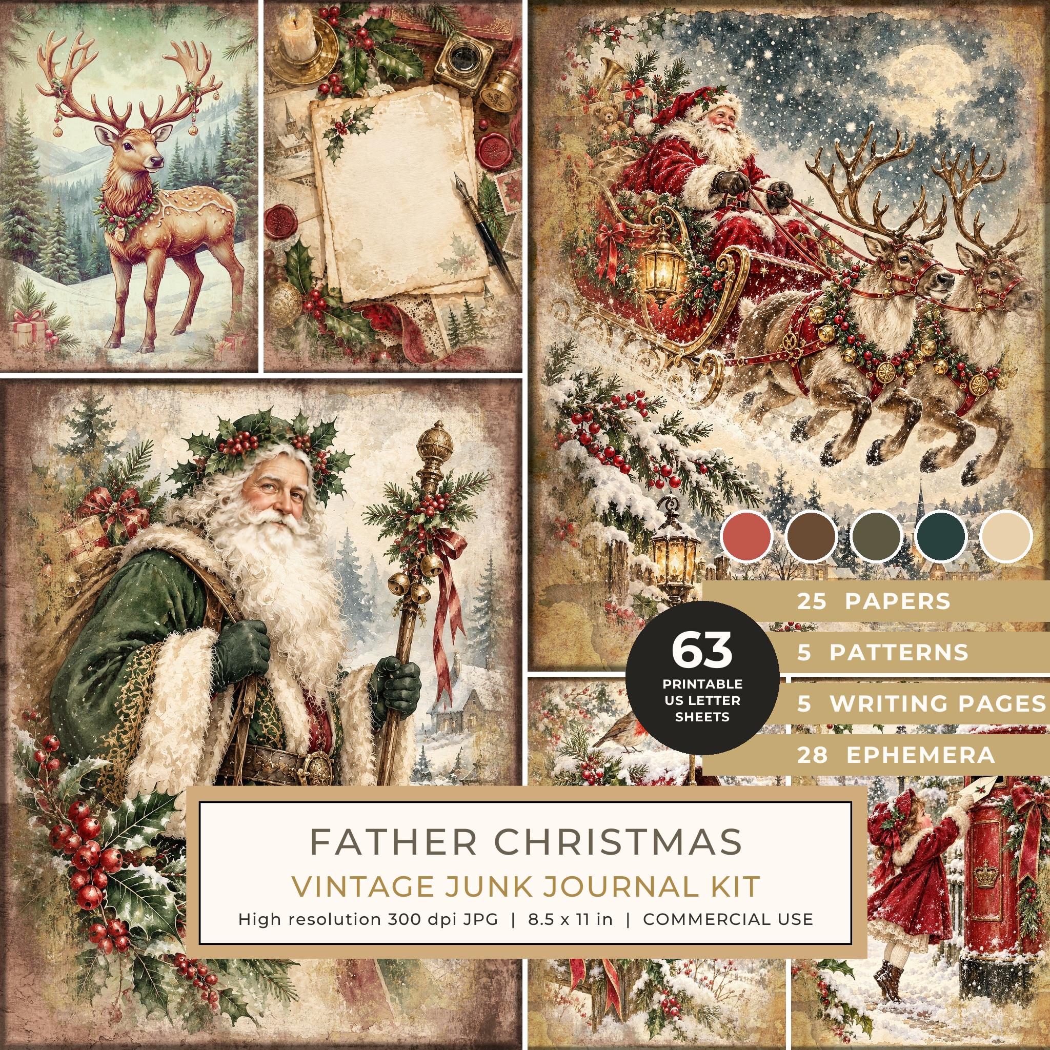 Christmas Junk Journal Kit: Printable Pages, Cards, Tags and Ephemera - Father Christmas - Commercial Use
