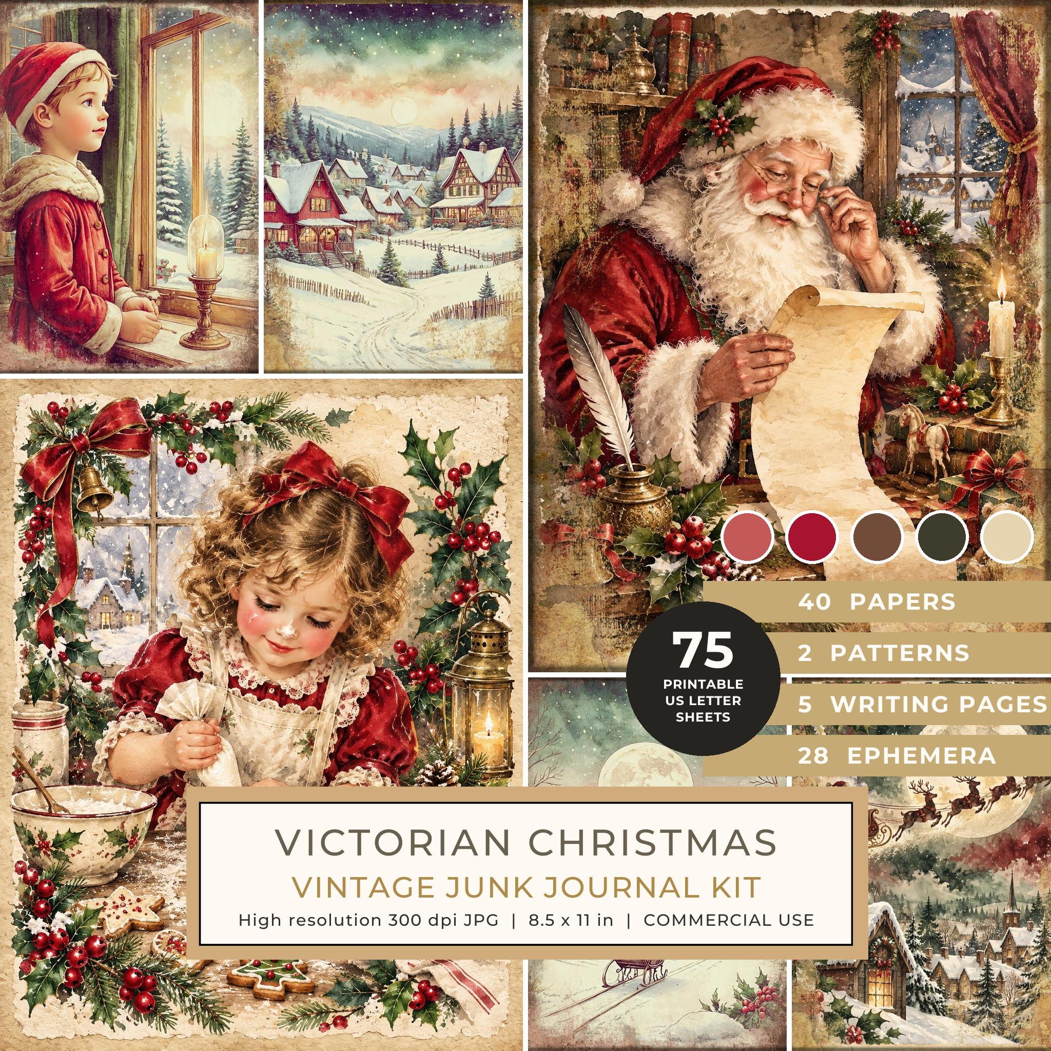 Junk Journal Kit: Printable Pages, Cards, Tags and Ephemera - Victorian Christmas - Commercial Use