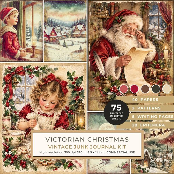 Junk Journal Kit: Printable Pages, Cards, Tags and Ephemera - Victorian Christmas - Commercial Use