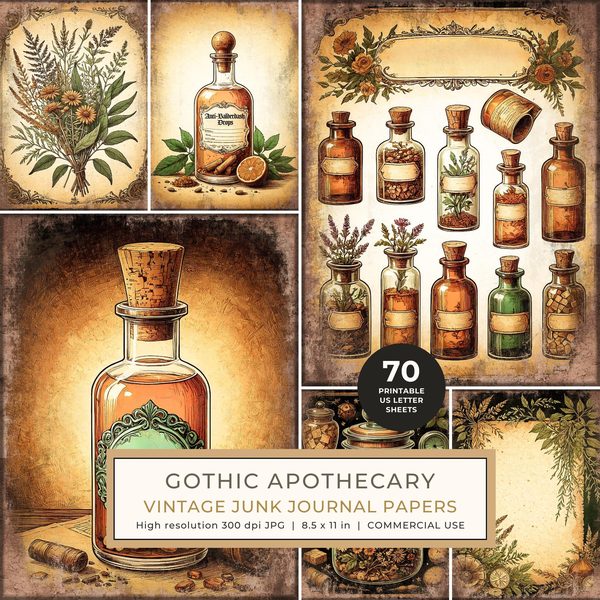 Junk Journal Papers: Printable Vintage Pages - Gothic Apothecary - Commercial Use