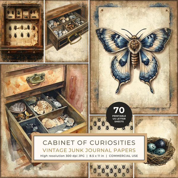 Junk Journal Papers: Printable Vintage Pages - Cabinet of Curiosities - Commercial Use