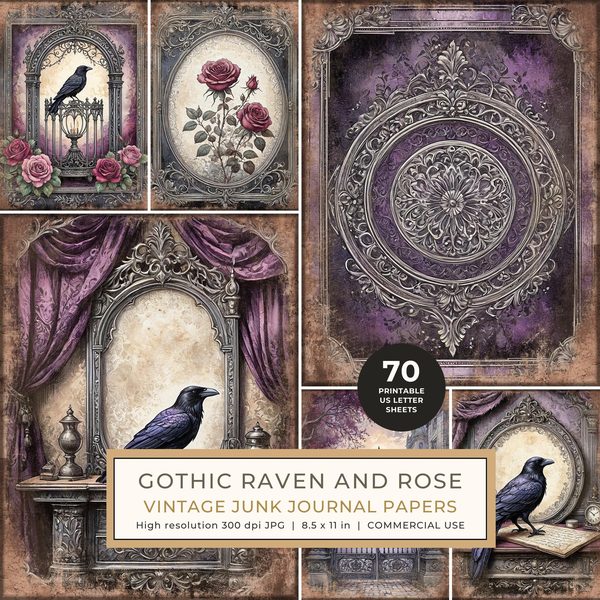 Junk Journal Papers: Printable Vintage Pages - Gothic Raven and Rose - Commercial Use