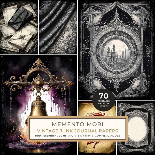Junk Journal Papers: Printable Vintage Pages - Memento Mori - Commercial Use