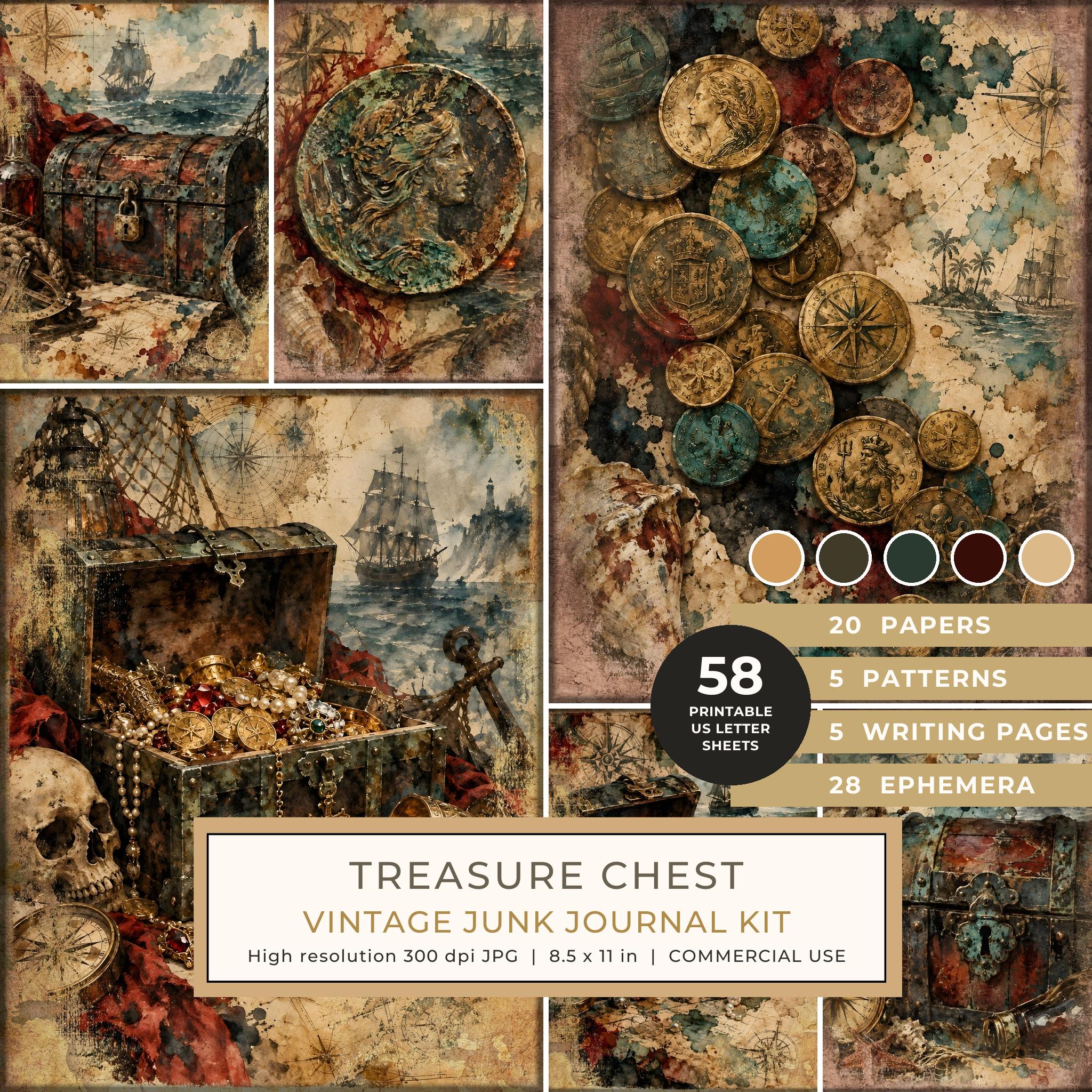 Treasure Chest Junk Journal Kit: Digital Scrapbook Paper - Pirates and Privateers - Commercial Use