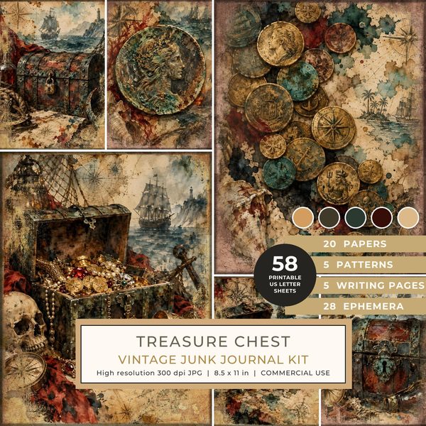 Treasure Chest Junk Journal Kit: Digital Scrapbook Paper - Pirates and Privateers - Commercial Use