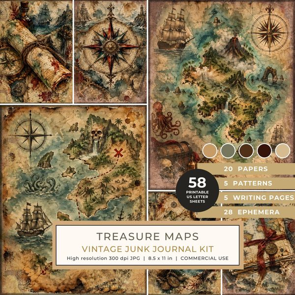 Treasure Maps Junk Journal Kit: Digital Scrapbook Paper - Pirates and Privateers - Commercial Use