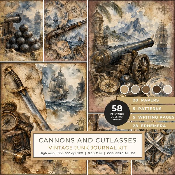 Cannons and Cutlasses Junk Journal Kit: Scrapbook Paper - Pirates and Privateers - Commercial Use