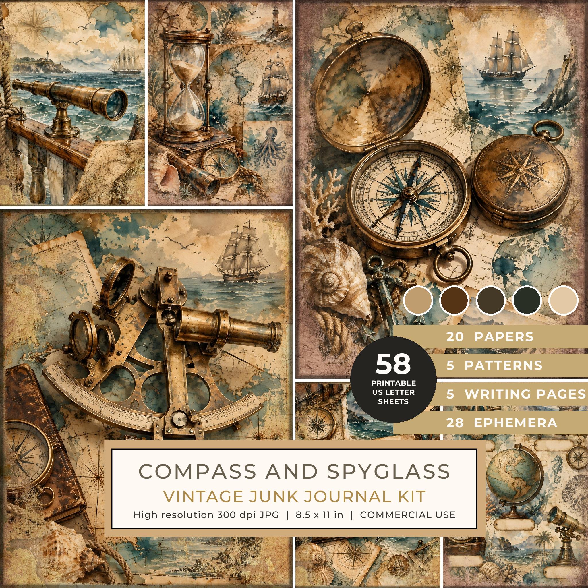 Compass and Spyglass Junk Journal Kit: Scrapbook Paper - Pirates and Privateers - Commercial Use
