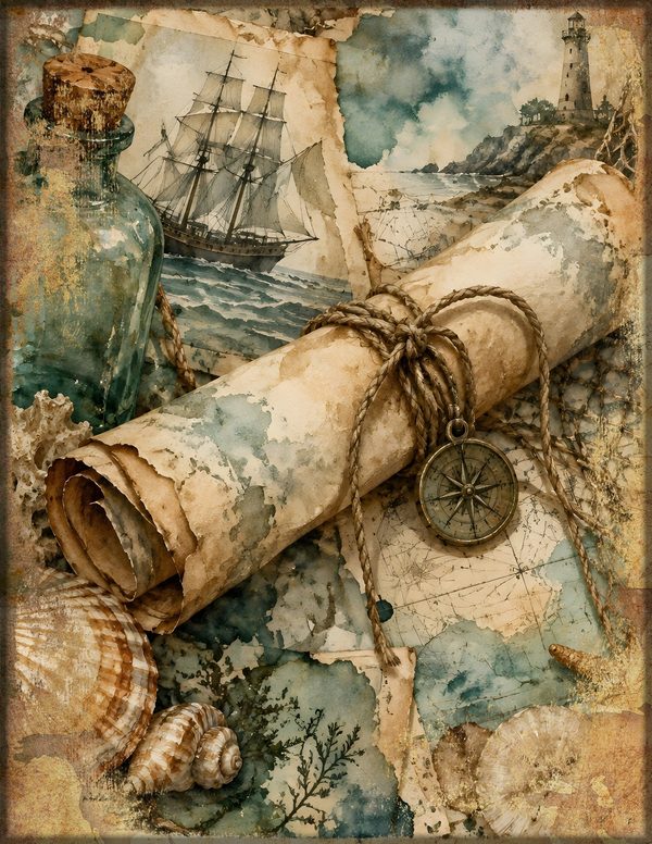Message in a Bottle Junk Journal Kit: Scrapbook Paper - Pirates and Privateers - Commercial Use — image 3