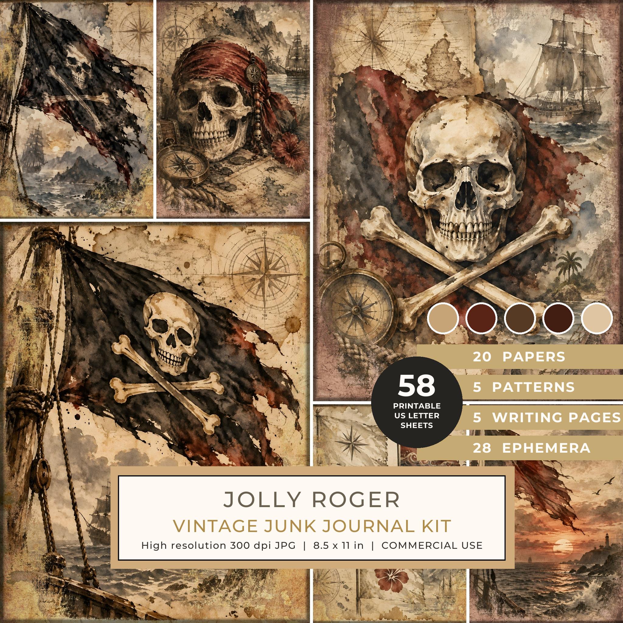 Jolly Roger Junk Journal Kit: Digital Scrapbook Paper - Pirates and Privateers - Commercial Use