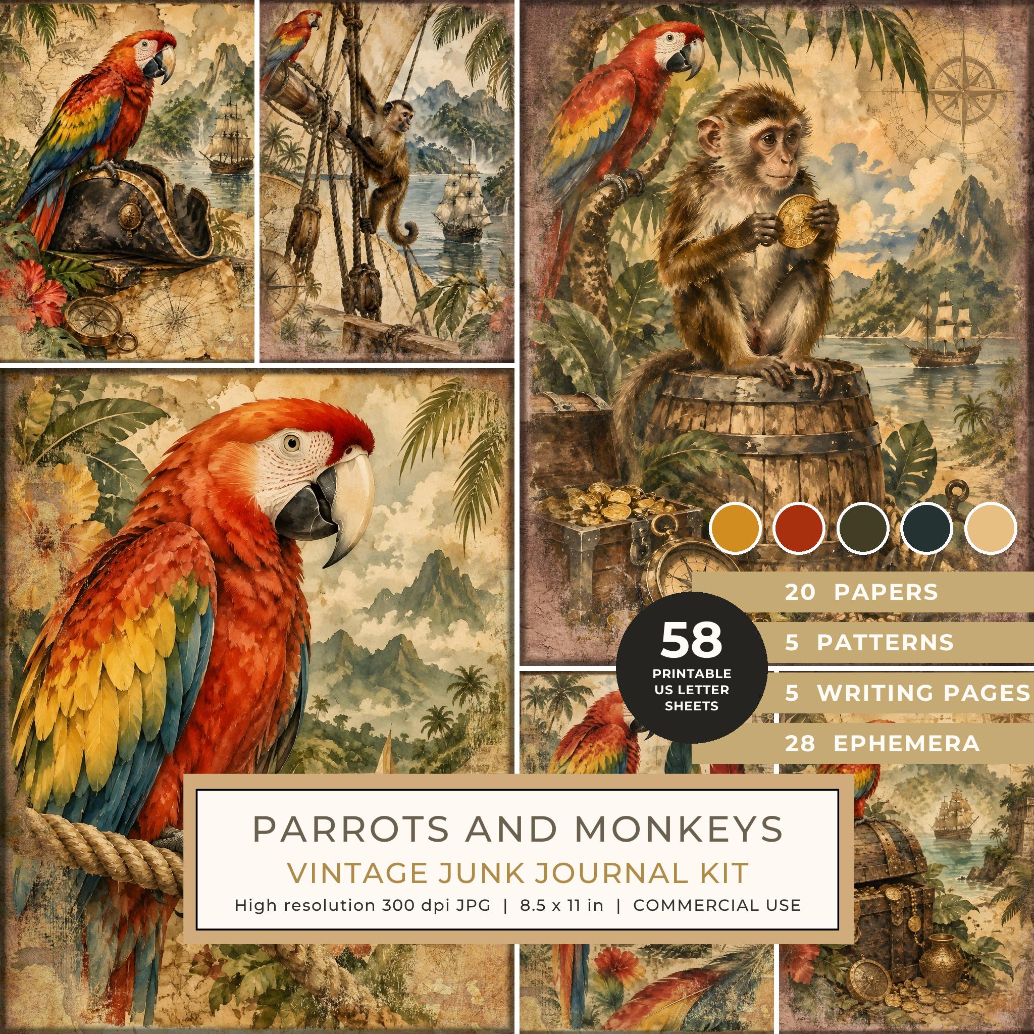Parrots and Monkeys Junk Journal Kit: Scrapbook Paper - Pirates and Privateers - Commercial Use