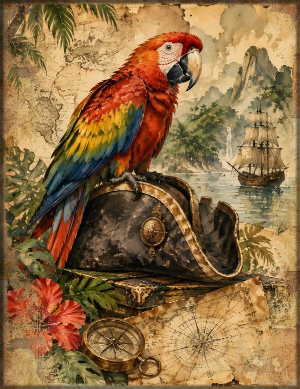 Parrots and Monkeys Junk Journal Kit: Scrapbook Paper - Pirates and Privateers - Commercial Use — image 3