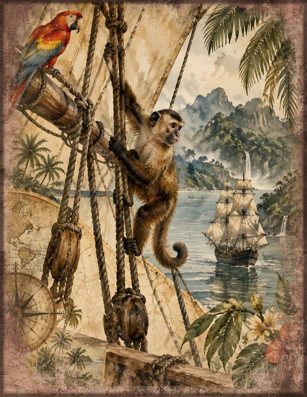 Parrots and Monkeys Junk Journal Kit: Scrapbook Paper - Pirates and Privateers - Commercial Use — image 4