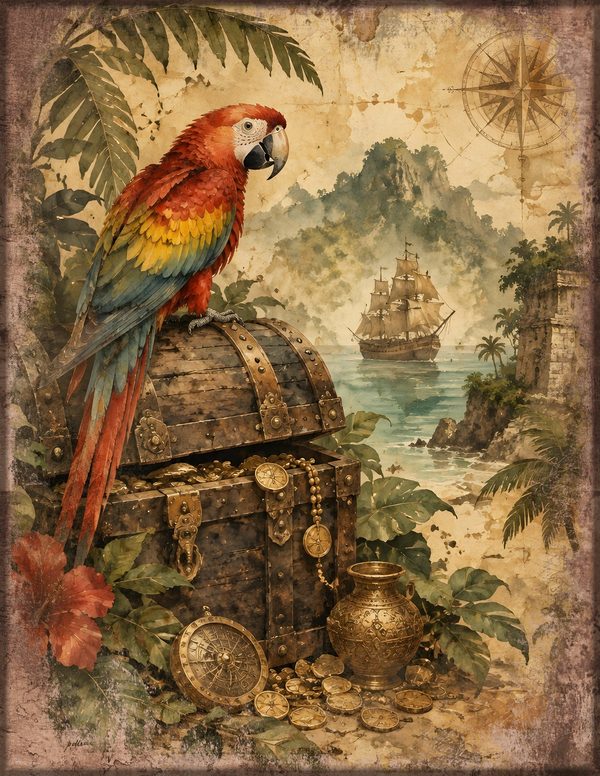 Parrots and Monkeys Junk Journal Kit: Scrapbook Paper - Pirates and Privateers - Commercial Use — image 6