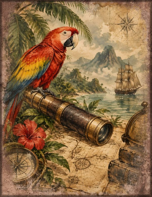 Parrots and Monkeys Junk Journal Kit: Scrapbook Paper - Pirates and Privateers - Commercial Use — image 14