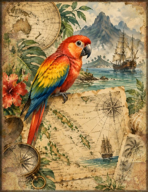Parrots and Monkeys Junk Journal Kit: Scrapbook Paper - Pirates and Privateers - Commercial Use — image 15