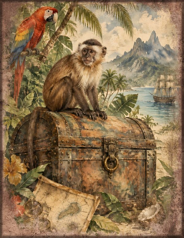 Parrots and Monkeys Junk Journal Kit: Scrapbook Paper - Pirates and Privateers - Commercial Use — image 16
