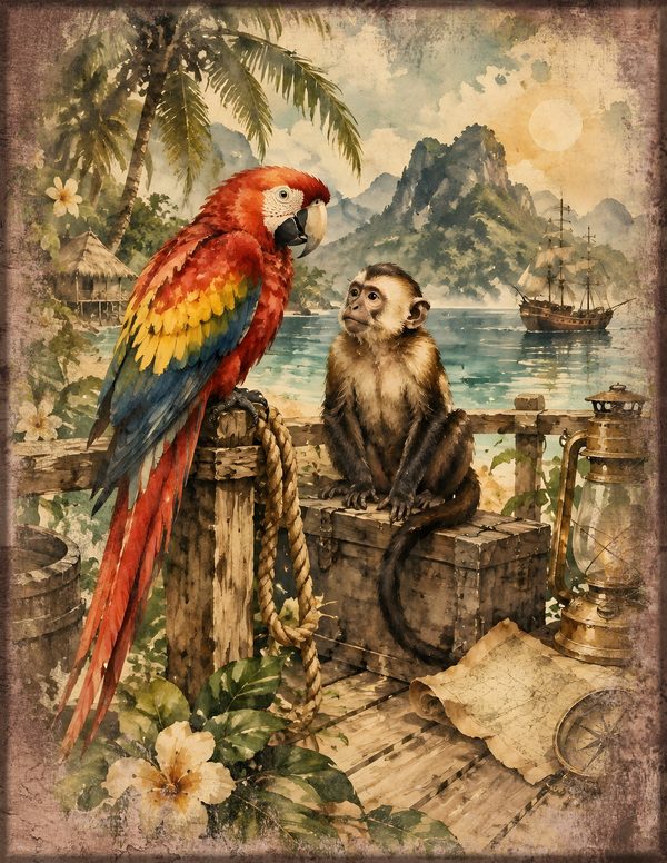 Parrots and Monkeys Junk Journal Kit: Scrapbook Paper - Pirates and Privateers - Commercial Use — image 18