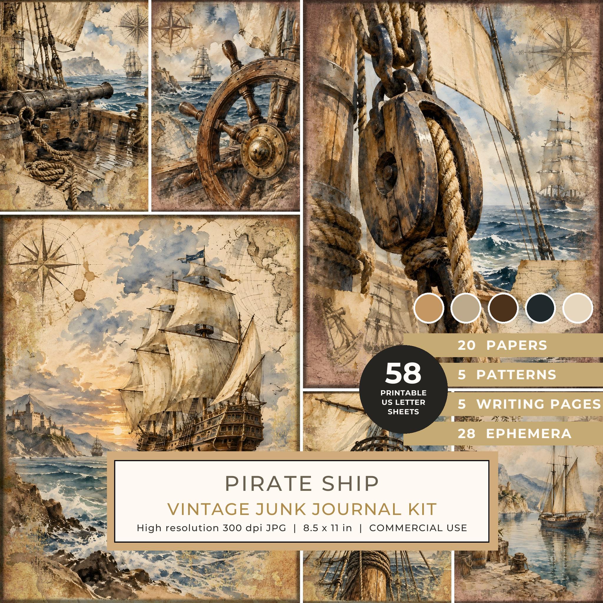 Pirate Ship Junk Journal Kit: Digital Scrapbook Paper - Pirates and Privateers - Commercial Use