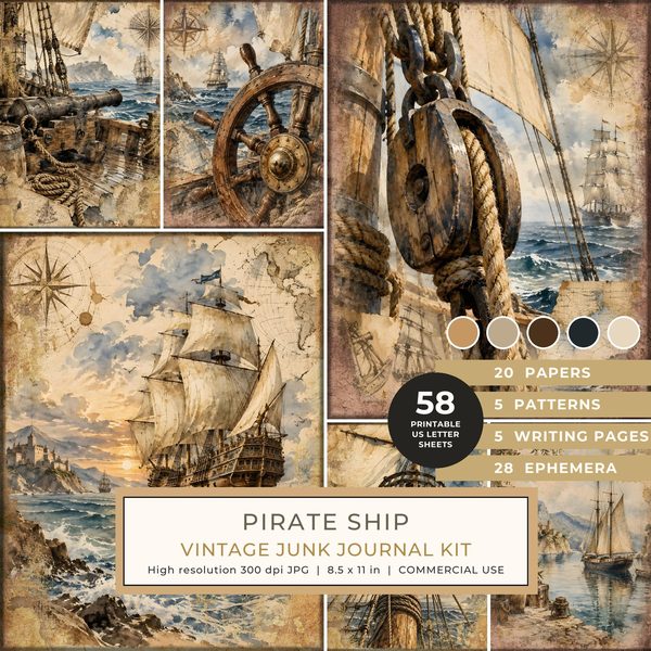 Pirate Ship Junk Journal Kit: Digital Scrapbook Paper - Pirates and Privateers - Commercial Use