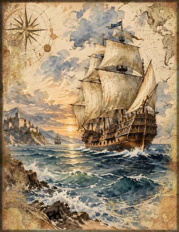 Pirate Ship Junk Journal Kit: Digital Scrapbook Paper - Pirates and Privateers - Commercial Use — image 1