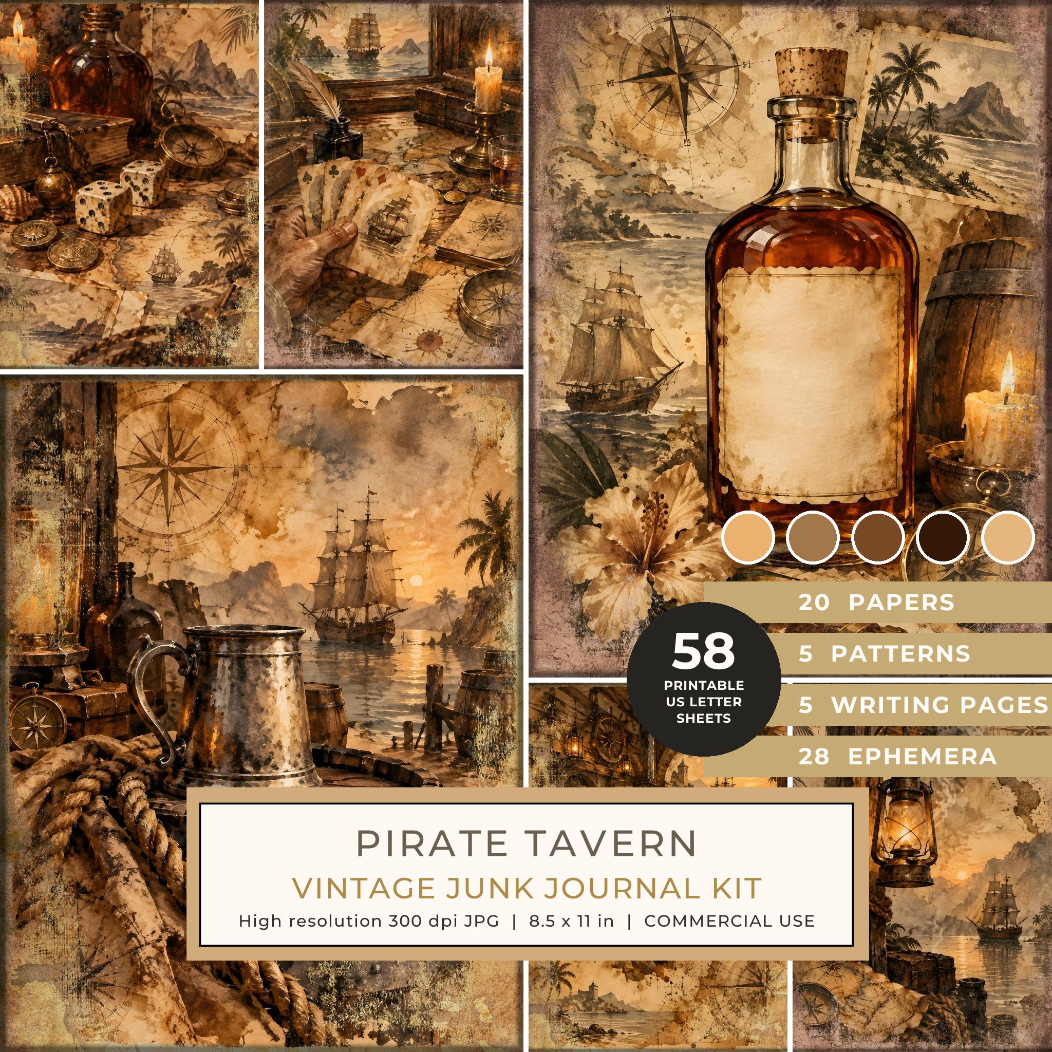 Pirate Tavern Junk Journal Kit: Digital Scrapbook Paper - Pirates and Privateers - Commercial Use
